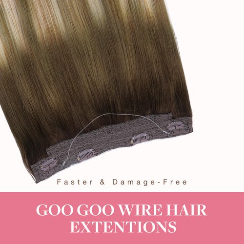 GOO GOO Wire Hair Extensions Human Hair, 3/8/613 Walnut Brown with Ash Brown and Bleach Blonde Balayage 14inch 75g, Invisible Wire Hair Extensions with Transparent, Seamless Fish Line Hairpiece