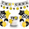 Two Cool Dude Birthday Party Decorations, Two Cool Second Birthday Banner Balloon Cake Topper for Two Year Old Happy Dude Yellow Black Lightening Checkered Party Decor