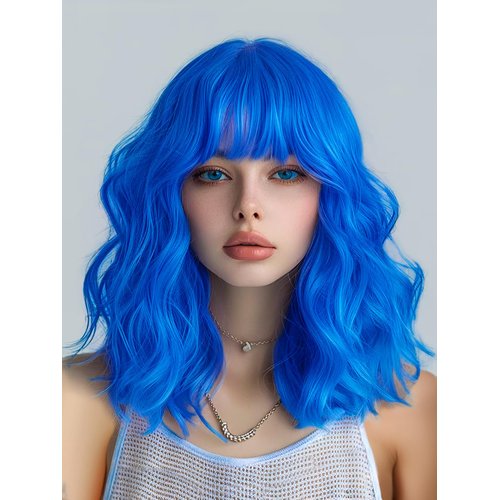 FREEMEIGE Blue Short Bob Wavy Wig with Bangs for Women Loose Curly Shoulder Length Synthetic Cosplay Wig Bob for Girl Colorful Costume Wigs