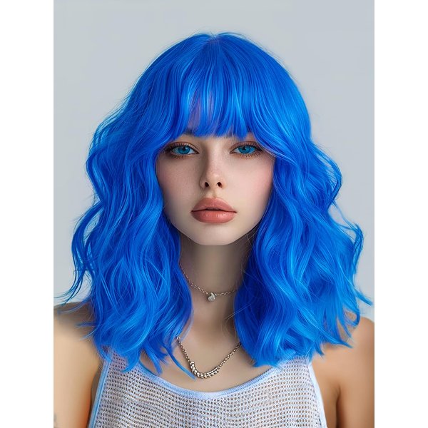 FREEMEIGE Blue Short Bob Wavy Wig with Bangs for Women Loose Curly Shoulder Length Synthetic Cosplay Wig Bob for Girl Colorful Costume Wigs