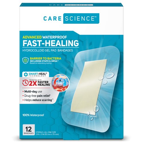 Care Science Fast-Healing Waterproof Hydrocolloid Gel Pad Bandages, XL, 2 in x 3 in, 12 ct | 100% Waterproof Seal, 2X Faster Healing, for Blisters or Wound Care