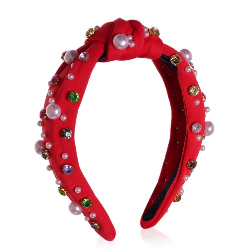 baotongle Christmas Headband for Women Valentine's Day Xmas Red Peal Headband Embellished Crystal Pearl Knotted Headbands Knot Holiday Headband Christmas Hair Holiday Gifts (Red, 38x13m/15x5.1inches)