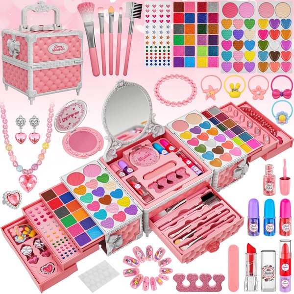 98 Pcs Kids Makeup Kit for Girls, Princess Real Washable Pretend Play Cosmetic Set Toys with Mirror, Non-Toxic & Safe, Birthday Gifts for 3 Years Old Girls Kids (Pink)