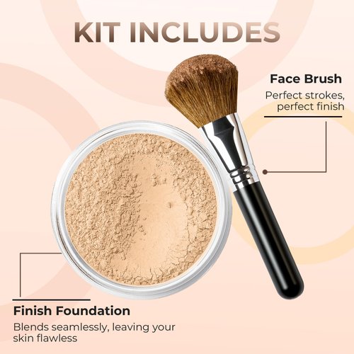 FOUNDATION with FLAWLESS FACE BRUSH Mineral Makeup (WARM Neutral Shade-Most Popular) Matte Natural Loose Powder Bare Skin Cosmetics Full Coverage Long Lasting All Skin Types SPF 18