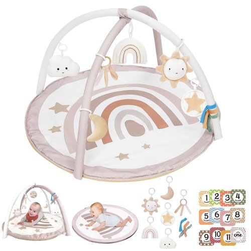 Baby Play Gym Mat, Tummy Time Activity Mat with 7 Detachable Toys and 12 Milestone Cards for Stage-Based Sensory and Motor Skill Development, Washable Play Mats for Infant, Newborn Baby Essentials