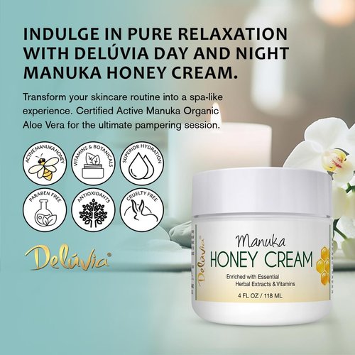 DELÚVIA Day & Night Manuka Honey Cream for Face & Body - Soothing, Hydrating, & Non-Greasy Premium Manuka Honey Lotion - Moisturizer for Dry Skin, Moisturizing Lotion For All Skin Types - 4 Fl. Oz
