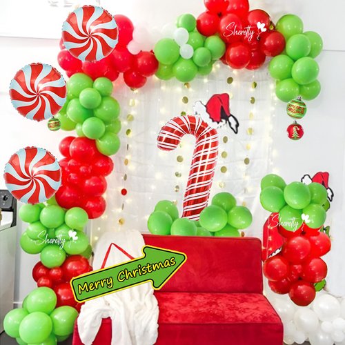 Sheretty Christmas Balloon Arch Kit, 140pcs Green Red Christmas Balloon Foil Candy Cane Balloon for Green Birthday Party Decorations, Xmas Party Decorations Indoor