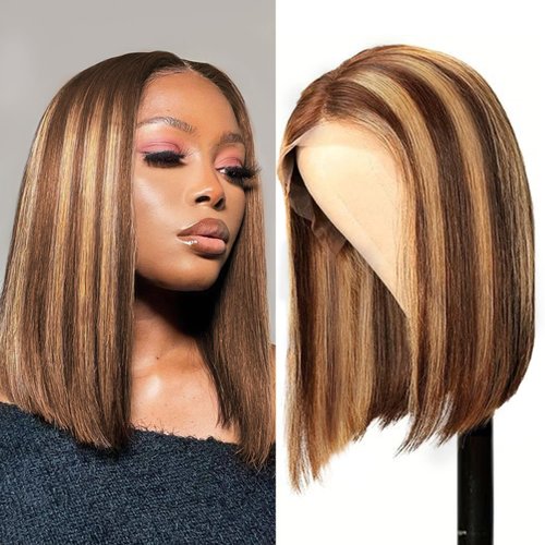 Highlight Bob Wig Human Hair Ombre 13x4 Hd Lace Front Wigs Human Hair Pre Plucked with Baby Hair 180% Density Honey Colored Frontal Glueless Short Straight Blonde Bob Wigs for Women p4/27 14 Inch
