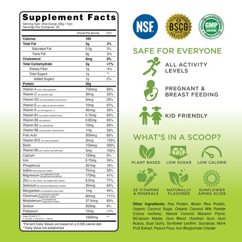 TRU Plant Based Protein Powder, BCAA, EAA, 20g Vegan Protein, 100 Calories, 27 Vitamins, No Artificial Flavors 25 Servings (Coconut Macaron)