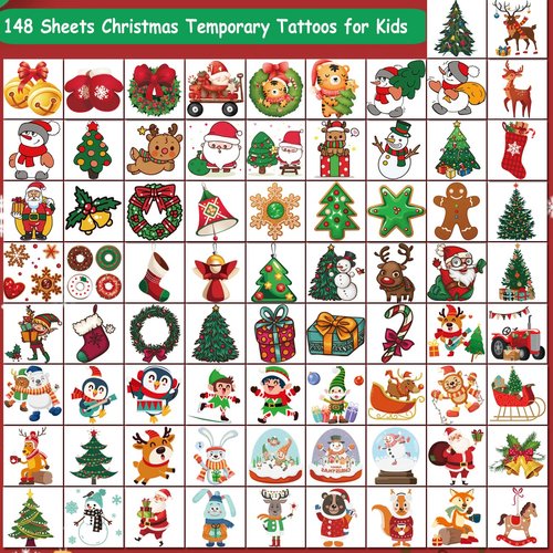 CHARLENT Christmas Temporary Tattoos for Kids - 148 PCS Christmas Individual Tattoos for Kids Christmas Xmas Party Favors, Stocking Stuffer, Christmas Eve Gift