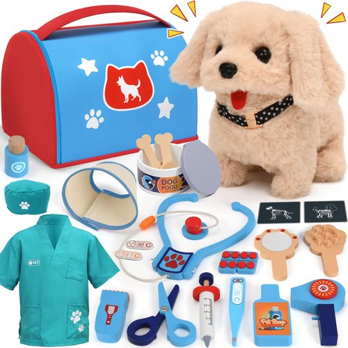 Lonico Wooden Doctor Kit with Electronic Interactive Walk Bark Stuffed Dog Toy/Costume/Take Care Set/Bag, Christmas Birthday Gifts for Todder Kids Girls Boys 3 4 5 6 Years Old Doctor Pretend Play Toys