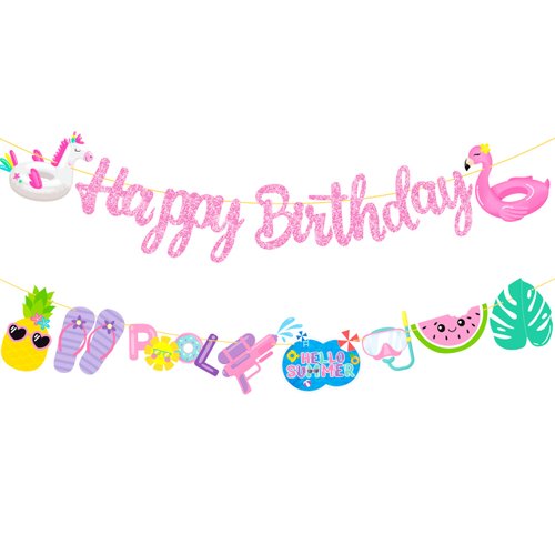 Pool Birthday Party Banners 2Pcs Swimming Pool Party Cutout Banners Glitter Pink Hawaii Pool Party Garlands Baby Shower Decorations Hello Summer Pool Supplies for Girls