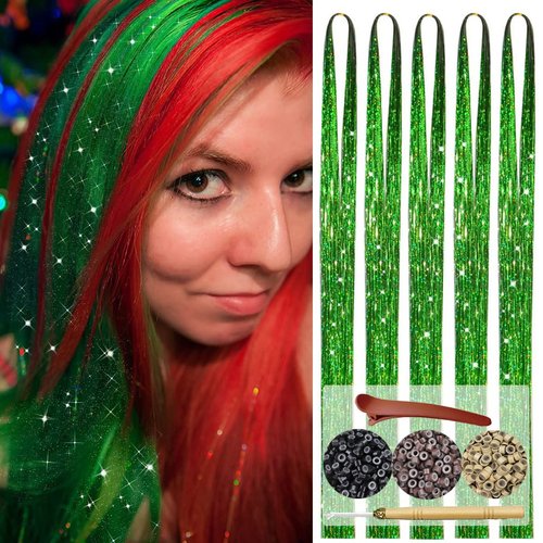 Green Hair Tinsel 47 Inch 1000 Strands Glitter Tinsel Hair Extensions for Women and Girls, Sparkling Shinny Fairy Hair Accessories for Christmas New Year Halloween Cosplay Party