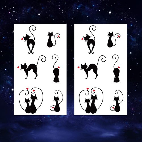 Oottati 2 Sheets Waterproof Small Cute Fake Hand Neck Temporary Tattoos Stickers Black Cat Tail Totem Love Heart Couple