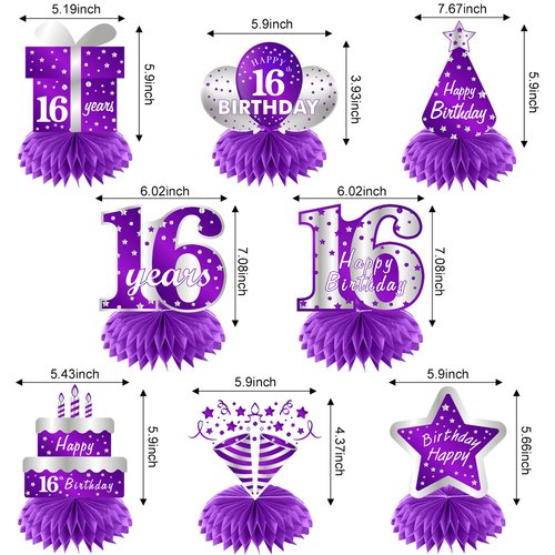 Purple Silver Sweet 16th Birthday Table Centerpiece Decorations for Girl Women, 8Pcs 16 Years old Birthday Table Party Supplies, Sixteen Birthday Table Topper Decor