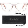 Rae Dunn "JUDY Blue Light Blocking Reading Glasses w/READ MORE Signature Font Microfiber Case (Crystal Pale Blush, 0.0)