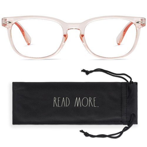 Rae Dunn "JUDY Blue Light Blocking Reading Glasses w/READ MORE Signature Font Microfiber Case (Crystal Pale Blush, 0.0)