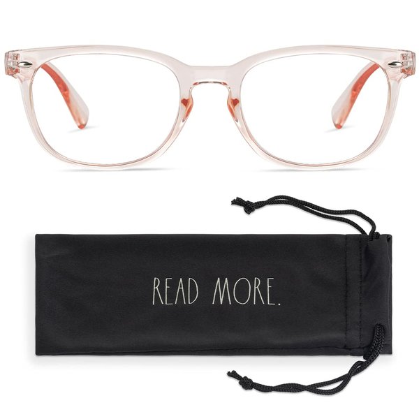 Rae Dunn "JUDY Blue Light Blocking Reading Glasses w/READ MORE Signature Font Microfiber Case (Crystal Pale Blush, 0.0)