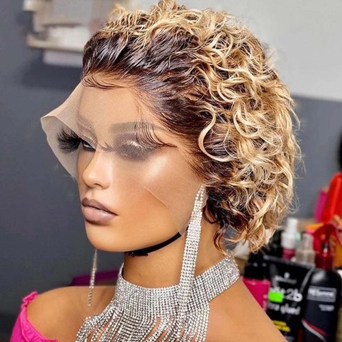 SHAMZBEST 6 inch Short Curly Lace Front Wigs Human Hair 13X1 Pixie Cut Short Curly Human Hair Wig...