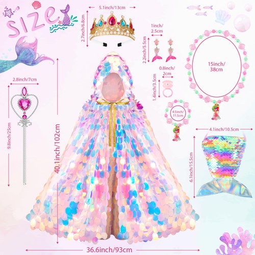 Princess Dress Up Cloak Princess Dress Up Clothes Mermaid Toys Rainbow Mermaid Princess Cloak Kit 9 Pcs Gift Set for Little Girls 3-8 Years Old, Great Gift Set for Birthday Christmas Halloween