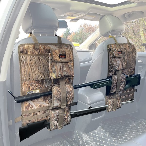 MYDAYS 2 Pack Tactical Seat Back Gun Rack, Camo Front Seat Gun Organizer with Molle Panel Vehicle Gun Holder for Hunting Rifles/Shotguns (Camo)