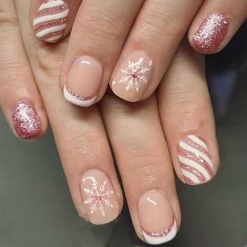 Christmas Press on Nails Short Square Fake Nails Full Cover Snowflake French Tip Glitter Design False Nails Xmas Cute Stick on Nails Winter Acrylic Artificial on Nails for DIY Nail Decoration 24Pcs