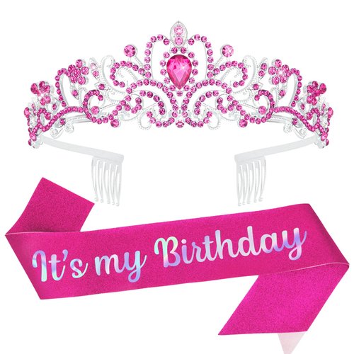 YISSION Hot Pink Birthday Headband Birthday Girl Sash & Crown Happy Birthday Headband Princess Tiara Crown for Women Girls Birthday Party Decorations