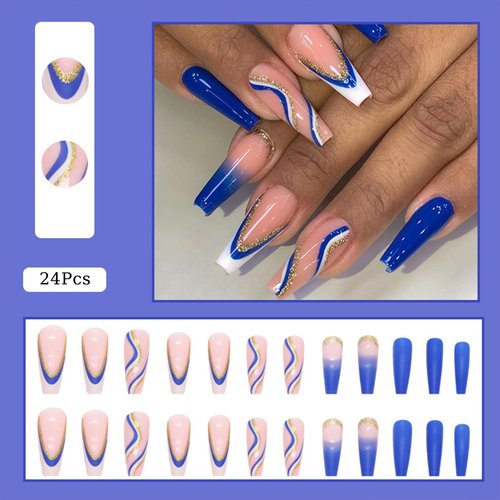 TOGZOM Ballerina Press-on Nails, Royal Blue, Medium Coffin, 24Pcs Set with Gold Glitter Design, Acrylic, Full Cover Glossy Glue on Nails for Women and Girls