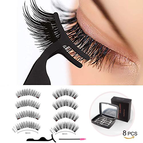 Sasonh Magnetic Eyelashes,Reusable Magnetic False Eyelashes 3D 3 Magnets Extension Soft individual False Eyelashes No Glue With Tweezers for Women Makeup Natural Look 8 Pcs, Black