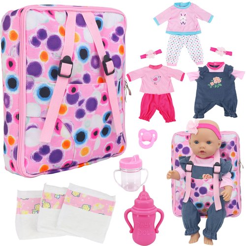 ECORELF Baby Doll Backpack for 16-18 Inch Dolls ,Baby Doll Playset Included Baby Doll Diaper Carrier Bag,Doll Clothes Sets,Headbands,Diapers,Feeding Bottle,Nipple (No Doll)