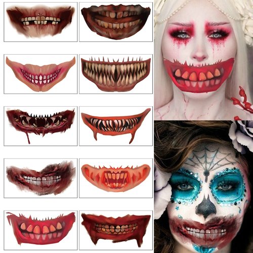 Halloween Prank Makeup Temporary Tattoo Clown Horror Bloody Mouth Tattoo Stickers Removable and Realistic Face Tattoo Sticker Decals Halloween Cosplay Party DIY Decorations 10Pcs
