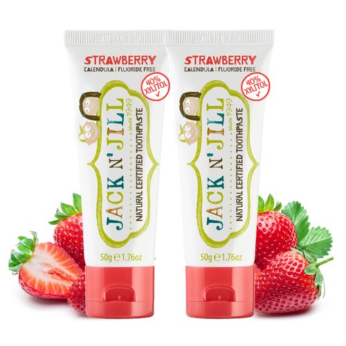 Jack N' Jill Natural Toothpaste for Babies & Toddlers - Safe if Swallowed, Xylitol, Fluoride Free, Organic Fruit Flavor, Makes Tooth Brushing Fun for Kids - Strawberry, 1.76 oz (Pack of 2)