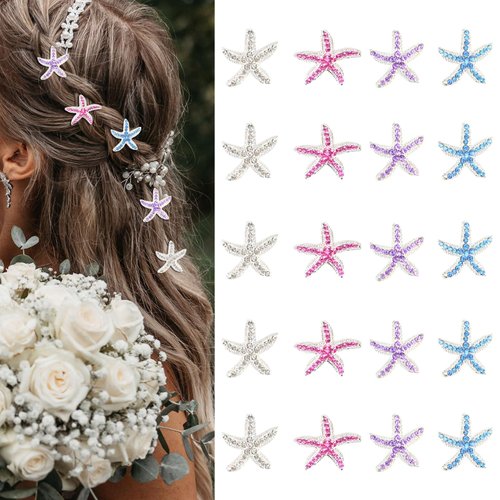 YISSION Starfish Hair Clip, 20Pcs Colorful Rhinestone Hair Pins, Small Decorative Hair Clips, Wedding Hair Barrettes, Bridal Hair Accessories for Girls Women Beach Wedding Party