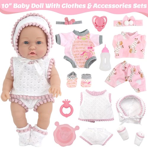 10 Inch Baby Doll with Doll Clothes and Accessories Set, Gift Set with 10" Realistic Baby Doll, 3 Sets of Clothes, Bottle, Pacifier, Rattle & Accessories Ages 3+