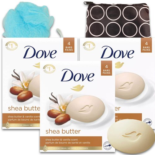 Dove Bar Soap Pack - Dove Bar Soap 12 Pack Bundle Shea Butter & Vanilla 3.17 Oz Clean Shea Butter & Vanilla Soap Bars Pack with Bonus Travel Bag and Loofah | Dove Moisturizing Body Wash for Women
