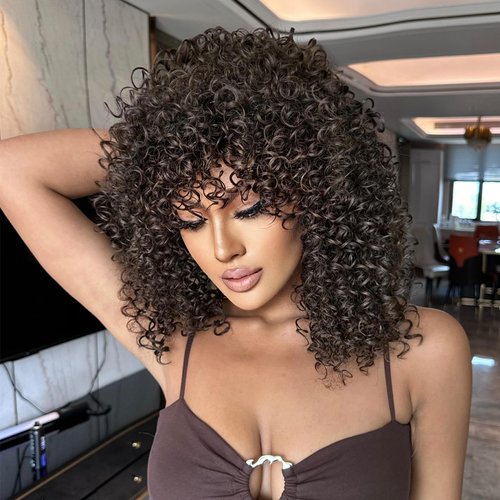 Curly Wigs for Black Women Synthetic Wig Afro Kinky Wigs for Women Replacement Short Wig with Bangs for Black Women Dark Brown Fake Hair Bob Wig Fluffy Bangs Wig for Daily Party Festival Use 16 Inch
