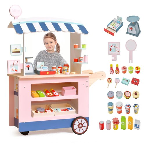 INFANS Wooden Grocery Store Marketplace Toy, Market Stand Shop Pretend Play Set with Universal Wheel Food Scale Cash Register Beverage Rack 30 Accessories Gift for Ages 3+