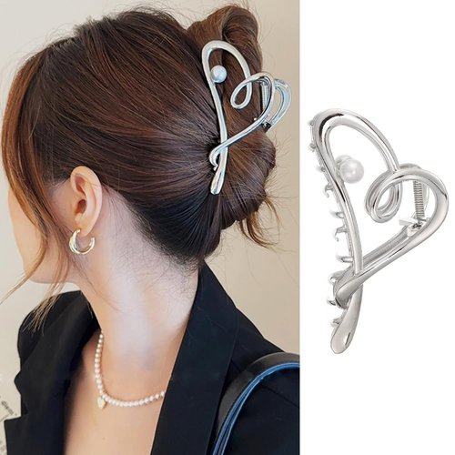 Valentine's Day Hair Claw Clips, 1Pcs Heart Hair Clips with White Pearl Design Hair Accessories Heart Metal Sliver Grip Hair Jaw Clips No-Slips Strong Hold Hair Claw Clips for Women and Girls