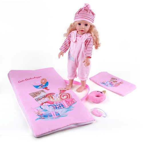 BABESIDE 7 Pcs Baby Doll Sleeping Bag Set with Doll Eye Mask and Doll Neck Pillow for 14-18 Inch Babydolls, Baby Doll Clothes Set with Doll Overalls Doll Hat for Baby Dolls Girl, Pink