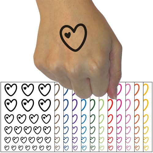 Heart in Heart Love Temporary Tattoo Water Resistant Fake Body Art Set Collection - Black (One Sheet)