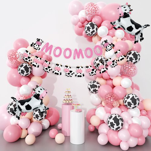 Pink Cow Balloons Garland Arch Kit, 140Pcs Pastel Pink Confetti Cow Print Balloons MOOMOO Banners Foil Cow for Western Cowboy Cowgirl Farm Animal Themed Baby Shower Birthday Party Decorations Supplies