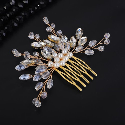 Teyglen Bridal Crystal Hair Comb Gold Rhinestone Pearl Wedding Hair Comb Hair Accessories for Bride Wedding Headpiece Boho Crystal Hair Piece for Women Girls (Gold)