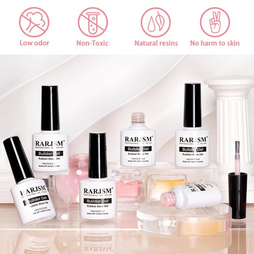 RARJSM Nude Rubber Base Gel Nail Polish Set Clear Sheer Milky White Opaque Pink Builder Base Gel in a Bottle Hard Extension Gel Skin Tone 6 Netural Colors Cured for Nails at Home Salon DIY Beginner
