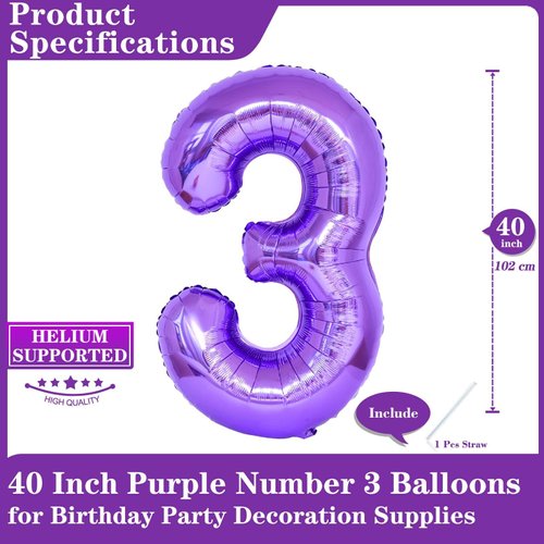 Purple Number 3 Balloons, 40 Inch Giant Number Balloons Foil Mylar Helium Purple Number 3 Balloons for 3th Birthday Party Supplies Anniversary Event Celebration Decorations