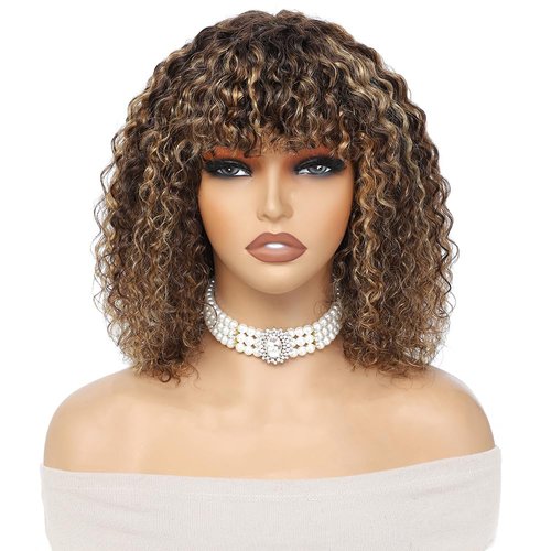 OnePart human wigs 200% density short kinky curly wave wig with bangs for black women 100% brazilian virgin human hair wigs machine made glueless for black women P4/27
