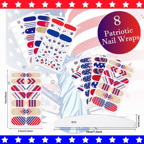 XEAOHESY 112 Pieces 8 Sheets 4th of July Patriotic Nail Wraps Independence Day Nail Polish Strips American Flag Patriotic Nail Strips Self-Adhesive Nail Polish Stickers for Memorial Day