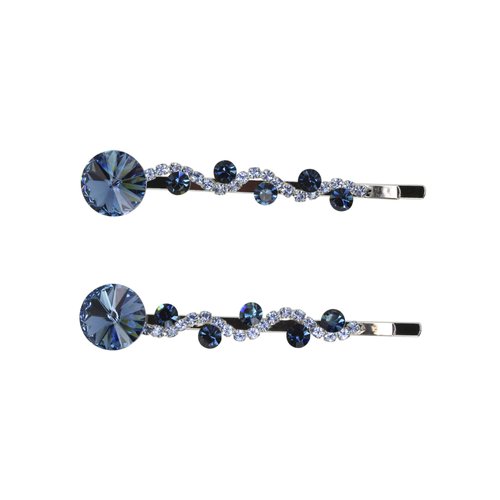 Faship A Pair Of Navy Blue Premium Rhinestone Crystal Floral Hair Clips 2 Pcs Pins - Navy Blue