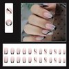 24 PCS Pink Press on Nails French Medium Length Fake Nails Square Shaped False Nails Silver Line Black Glitter Stripe Design Full Cover Artificial Glue on Nails Set for Women Girls DIY Manicure