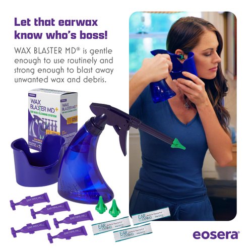 eosera® WAX BLASTER MD+ Cleaning Kit - Earwax Dissolver for Adults & Kids - Fast Acting, Doctor Recommended, Clinically Proven - Complete Irrigation Kit with 3 Ear Clean MD Packets & 5-ct Single Use Ear Wax MD Vials - Works in 15 Minutes