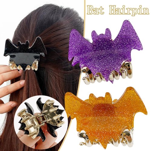 3 Pcs Halloween Hair Claw Clips, Glitter Purple Gold Black Bat Shape Hair Clips, Goth Bat Design Cute Halloween Hair Accessories 3Pcs Funny Ponytail Clip Hair Decorations